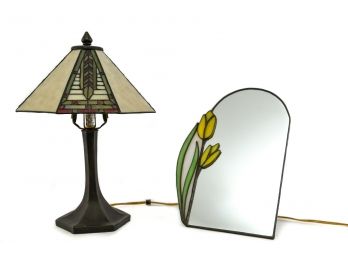 Tiffany Styled Stained Glass Table Lamp And Mirror With Flower Accent