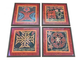 Set Of Four Framed Hand Made Mola Textile Art