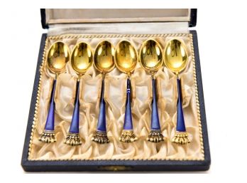 Set Of Six Boxed Danish Sterling Silver 925S Enamel Spoons (1.86 Troy Ou. Gross)