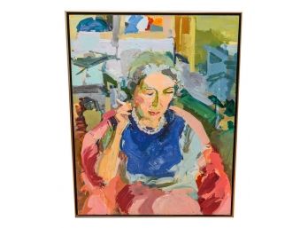 Unsigned Oil On Canvas Painting Of A Woman Smoking A Cigarette