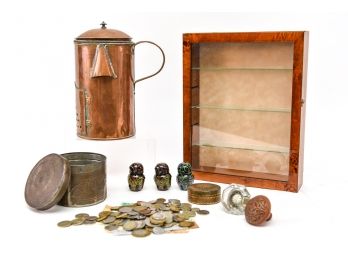Copper Kettle, Vintage Doorknobs, Wood And Glass Display Cabinet, Trinket Boxes And Foreign Currency