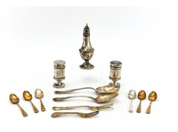 Collection Of Sterling Silver Spoons, Forks And Salt And Pepper Shakers
