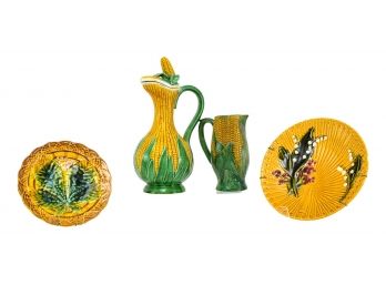Antique Circa 1900 Villeroy  & Boch Plate, Pair Of Majolica Corn Themed Pitcher Jugs And More
