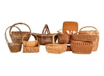 Collection Of Vintage And Antique Wicker Baskets + Picnic Basket