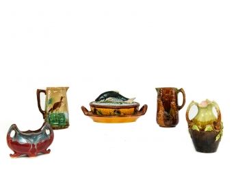 Collection Of Majolica Pitchers, Vases And Covered Fish Bowl With Underplate