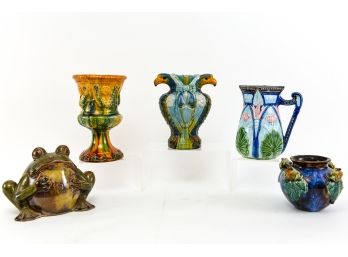 Collection Of Majolica Vases, Pitcher And Frog Sculpture