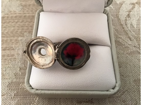 Signed Unusual Sterling Silver Ring With A Hidden Red Flower
