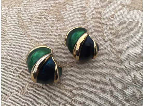 Gold Tone And Enamel-like Cobalt And Emerald Design Earrings