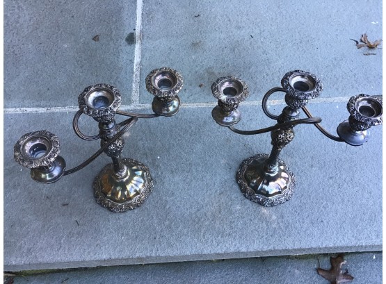 Pair Of Heavy Silver Plate Three Candle Candelabras