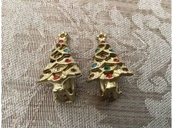 Gold Tone Rhinestone Christmas Tree Earrings - Lot #19