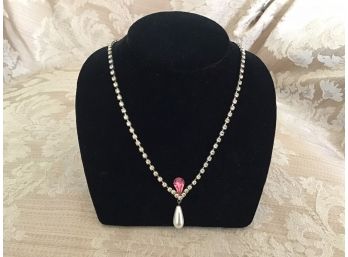 Vintage Rhinestone Necklace With Pink Teardrop - Lot #30