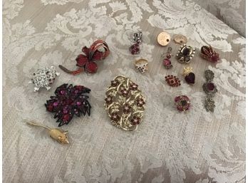 Lovely Red Jewelry Lot Including A Ring, Pins, Etc.