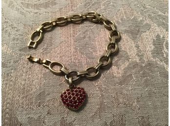Gold Tone Link Bracelet With Red Rhinestone Heart Shaped Charm