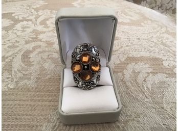 Silvered And Topaz Rhinestone Ring In Floral Configuration