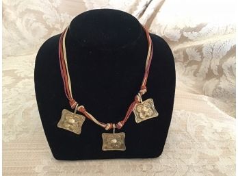 Triple Strand Cord Necklace With Gold Tone Floral Rectangular Disks  Lot #11