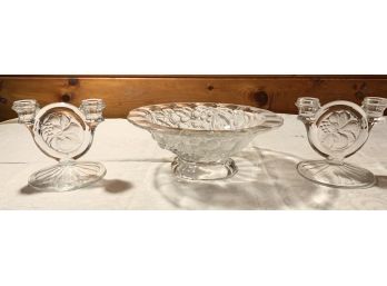 Vintage Crystal Glass Bowl And Double Candlestick With Fruit Pattern