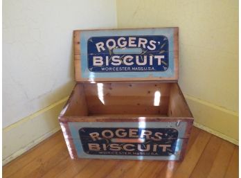 Antique Rogers Biscuit Wooden Advertising Crate With Cover