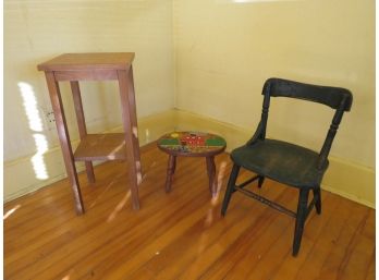 Antique Painted Child's Chair, Stool And Wood Stand