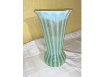 Antique Opalescent Glass Vase Green Ribbed Stripes