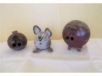 2 Pottery Piggy Banks And A Mouse