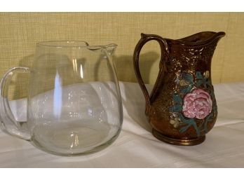 Two Vintage Pitchers -Glass & Ceramic Pitcher