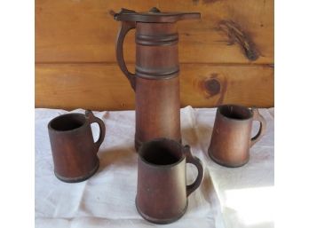 Antique Wood Pitcher With 3 Wooden Mugs