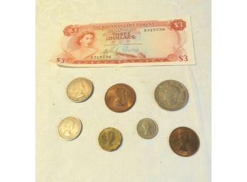 Foreign Coins Including $3 Bahama Bill, 1948 UK George VI Half Crown, Shillings