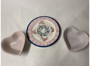 Handmade Cookie Plate And Two Heart Bowls