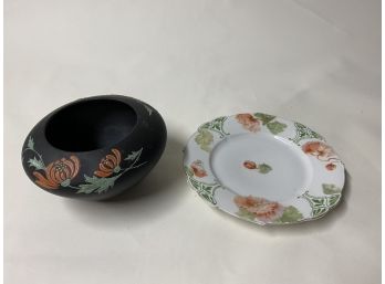 Black With Orange And Green Design Flower Bowl  And Dish