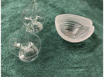 Pair Of Calla Lily Glass Candle Holders And  Art Deco Shell Bowl