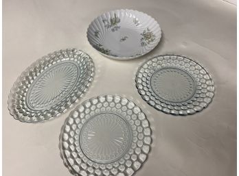 Vintage Anchor Hocking Bubble Glass Plates And Flowered Bowl