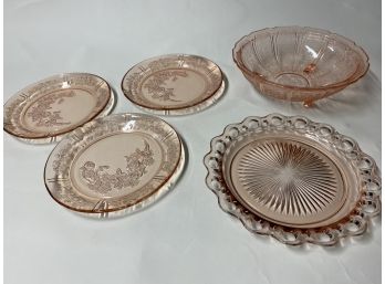 Assortment Of Pink Depression Glass Vintage Plates