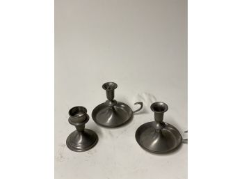 Pair Of Pewter Chambersticks  And One Candle  Stick