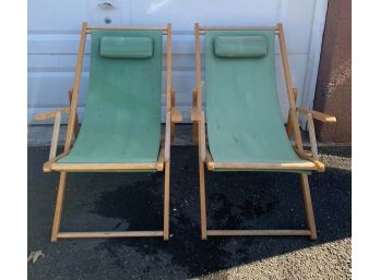 Lot Of 2 Natural Frame And Green Canvas Solid Wood Sling Chair