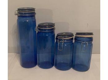 Lot Of 4  Hinge Top Blue Glass Storage Jar