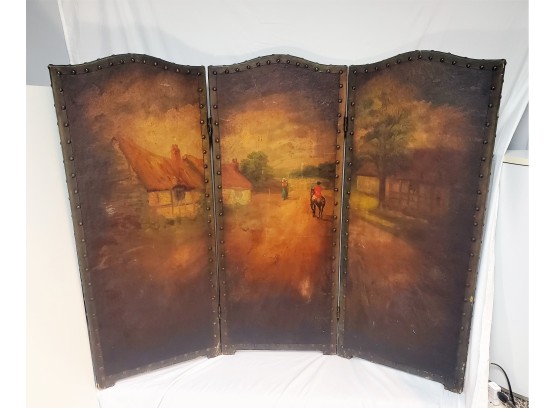 Fabulous Old Trifold Panel Screen Hand Painted English Scene