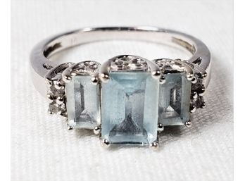 Diamond And Aqua Marine 14k White Gold Ring