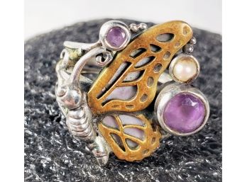 Sterling Silver  With Bronze Butterfly Purple Stone Ring