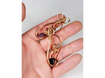 Unique Copper Bronze Wire Hanging Earrings With Purple Stone