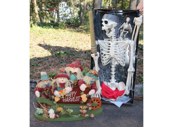 Halloween Decorations:  Scarecrow Family & Poseable Pirate Skelaton
