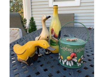 Two Wood Ducks,  Ladybug Tim & Rooster Wine Vottle