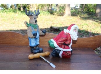 Santa & Reindeer Wine Bottle Corkscrew And Holder