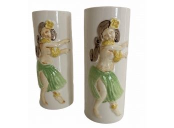 Pair (A) Of  Vintage Hula Girl Tall Ceramic Cocktail Glasses 6' Tall