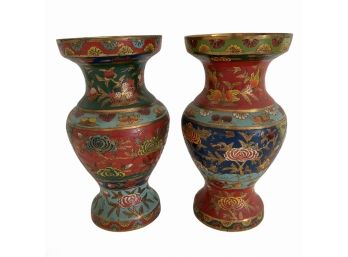 Pair Antique Chinese Champleve Enamel On Brass Vases