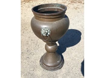 Tall Antique Brass Planter With Lion Heads