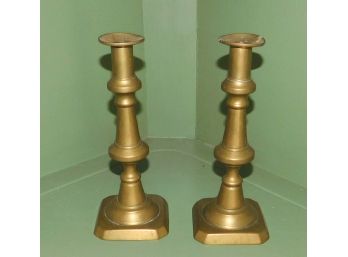 Pair Of Antique Brass Candlesticks, Signed