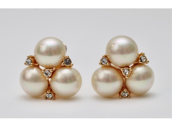 Vintage Authentic Christian Dior Faux Pearl & Rhinestone Clip On Earrings
