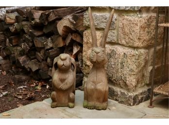 Pair Of Outdoor Solid Wood Rabbit Sculptures