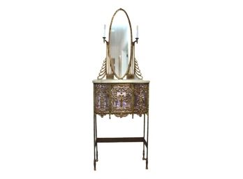 Stunning Tall Antique Brass Marble Top Vanity With Lights