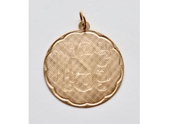 14K Gold Engraved Alphabet Disc Charm  3.2 Grams